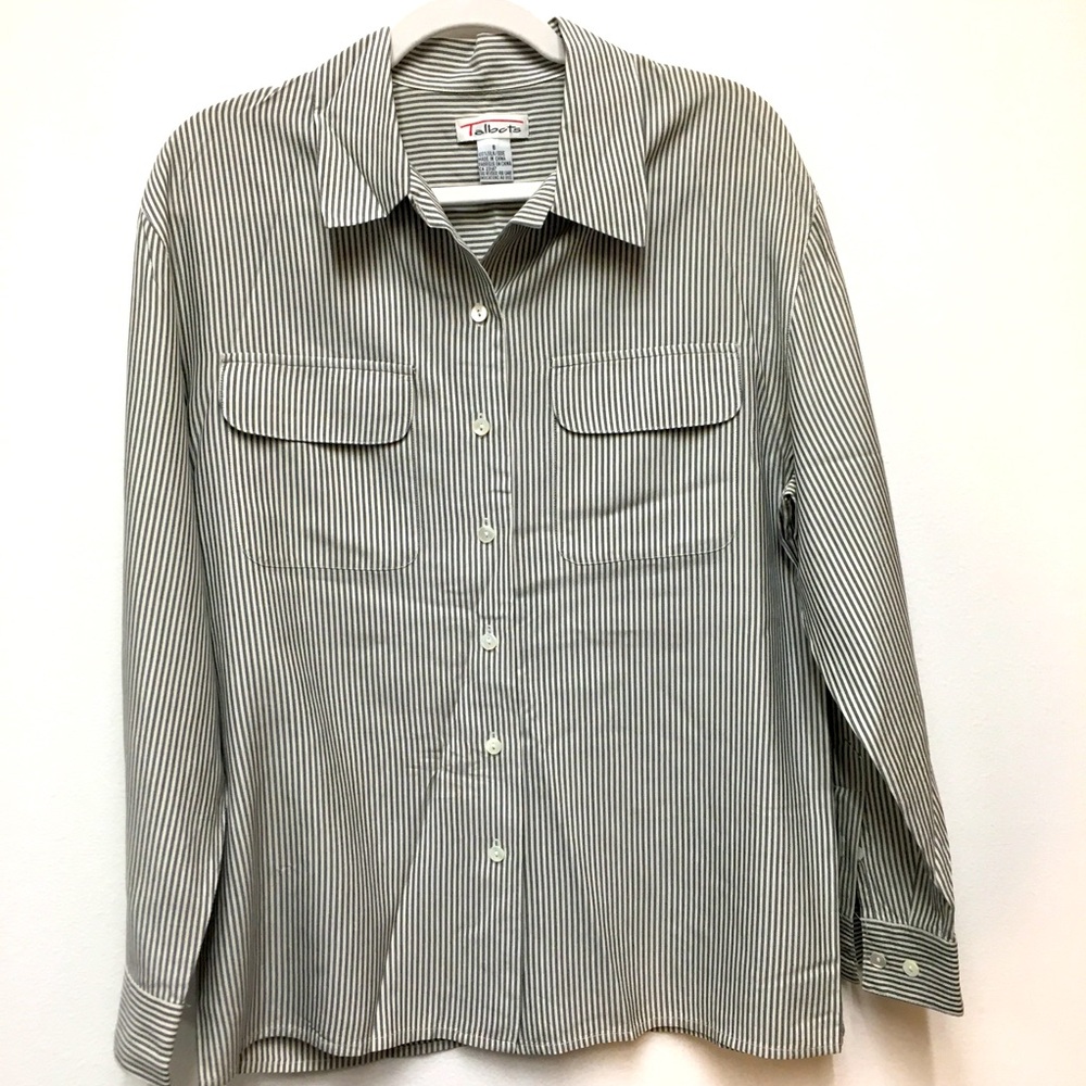 Talbots 100% Silk Stripe Button Up Blouse 8 Blue White Classic Preppy Office